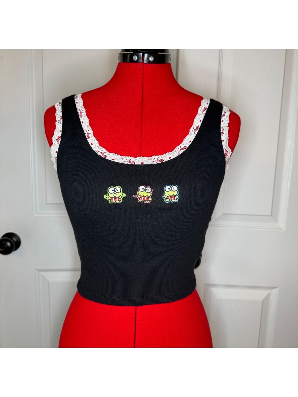 Hello Kitty and Friends Forever 21 Black Tank Keroppi Patches White Lace Women S